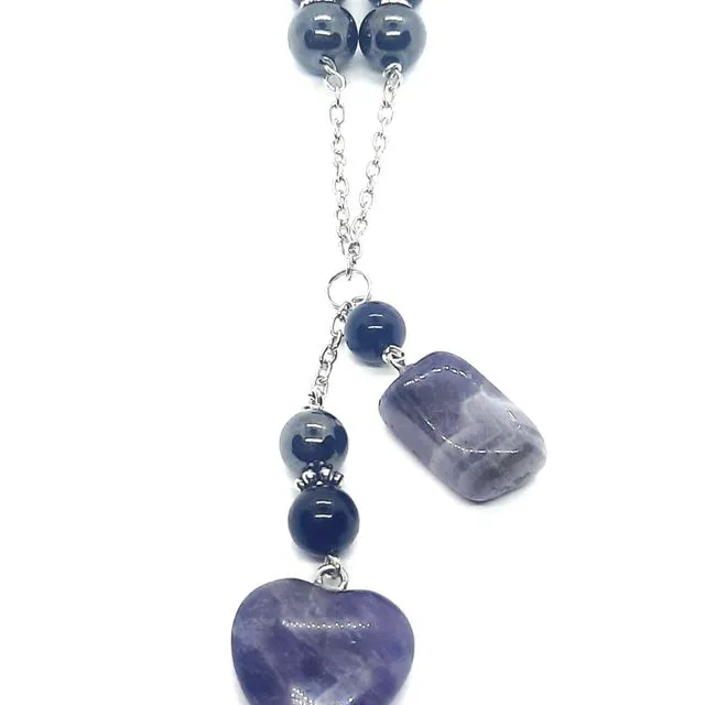 Crystal Heart Double Dangle Necklace EMF 5G Protection - Amethyst Silver Chain