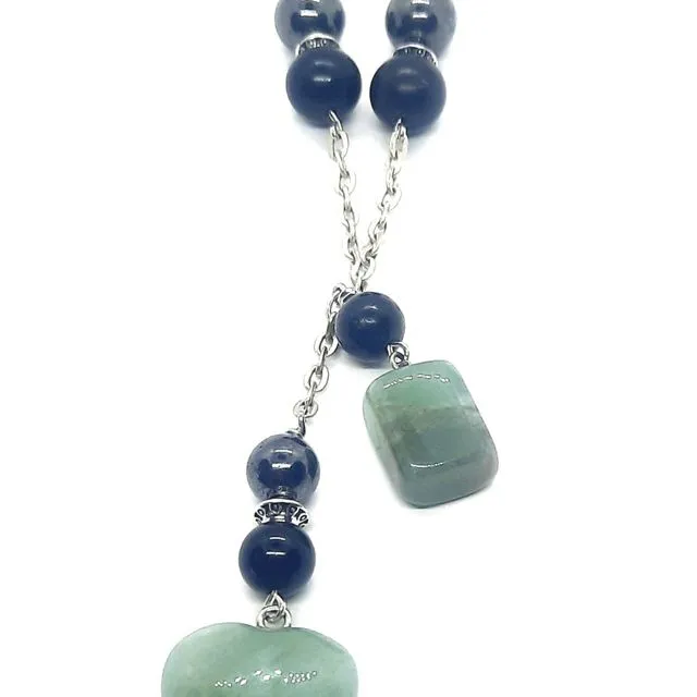 Crystal Heart Double Dangle Necklace EMF 5G Protection - Green Aventurine Silver Chain