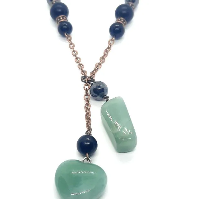 Crystal Heart Double Dangle Necklace EMF 5G Protection - Green Aventurine Red Copper Chain