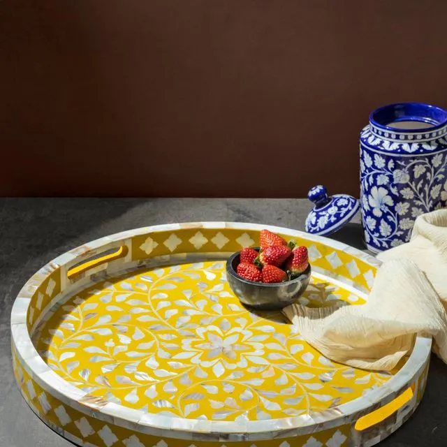 Jodhpur Mother of Pearl Decorative Tray - Mustard, 18"