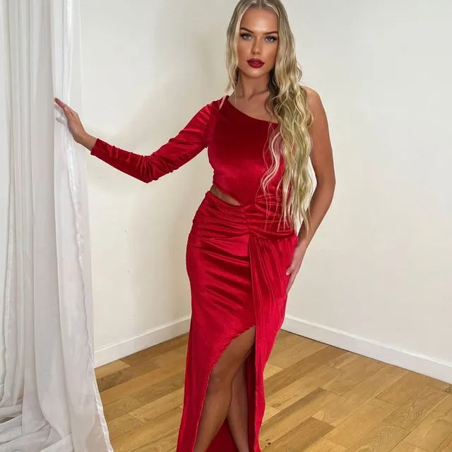 Rianna Ruby Red High Neck Velvet Ruched Detail One Sleeve Slit Maxi Dress