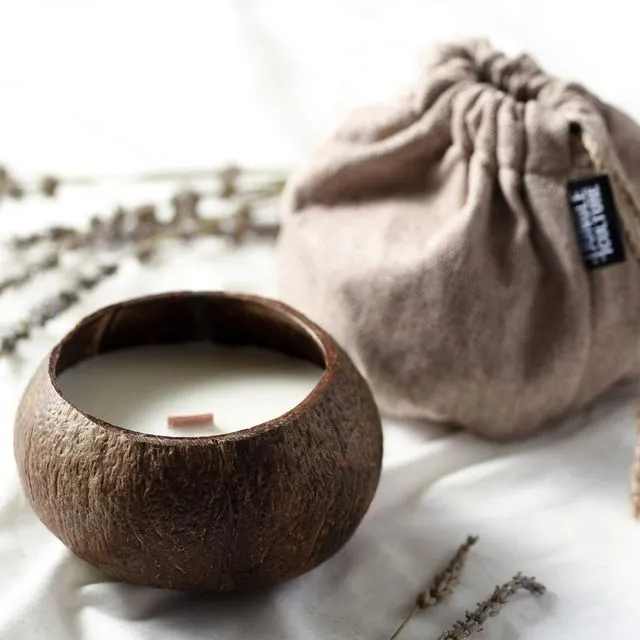 Coconut Shell Candle - Toasted Coconut Scented Handmade Candle in Reclaimed Coconut Shell w/ Organic Cotton Gift Bag