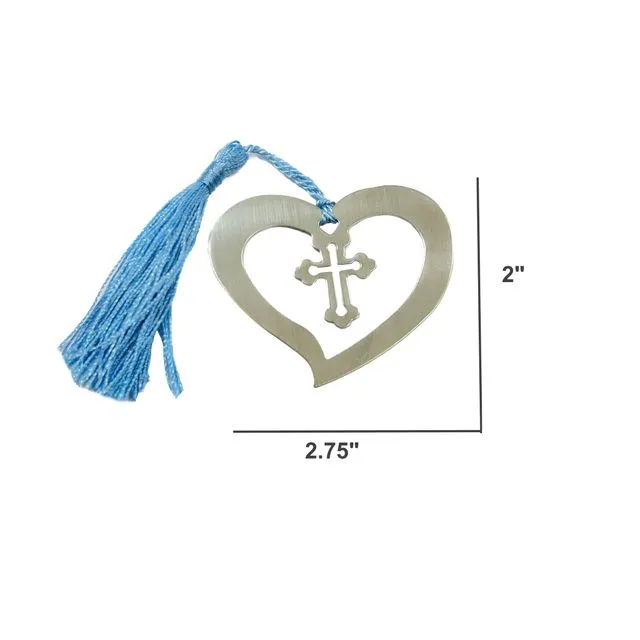 Boxed Bookmark-Silver Heart with Cross blue tassel