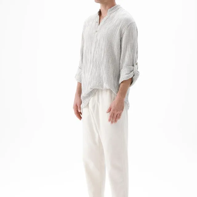 Men's Stripe Linen Shirt-70% Cotton, 25% Linen, 5% Viscose