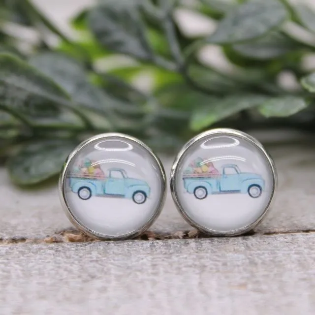 Blue Truck with Easter Eggs || 12mm Glass Stud Earrings || Hypoallergenic