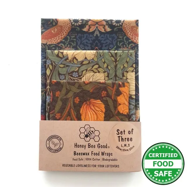 William Morris 3 (L,M,S) Beeswax Wraps | Handmade in the UK | Strawberry Thief