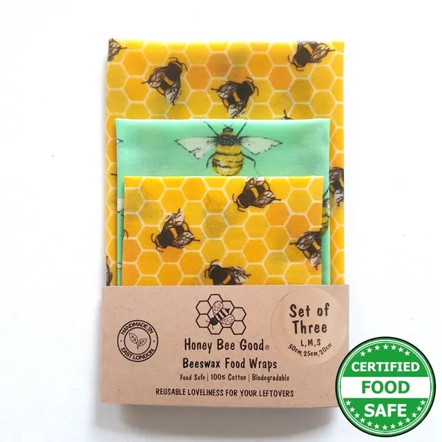3 (L,M,S) Beeswax Wraps | Handmade UK | Bee Happy
