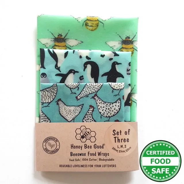 3 (L,M,S) Beeswax Wraps|Handmade UK|Penguins Hens & Bees