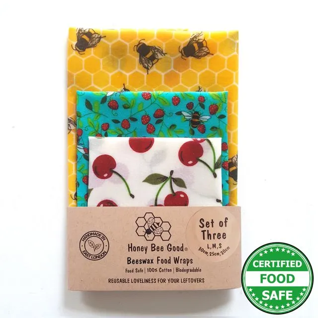 3 (L,M,S) Beeswax Wraps|Handmade UK|Bees & Cherries