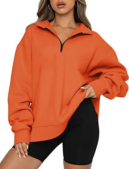 Women's oversized half zipper pullover long-sleeved sweatshirt quarter zipper hoodie sweater teen girls fall Y2K clothes-VERMILION