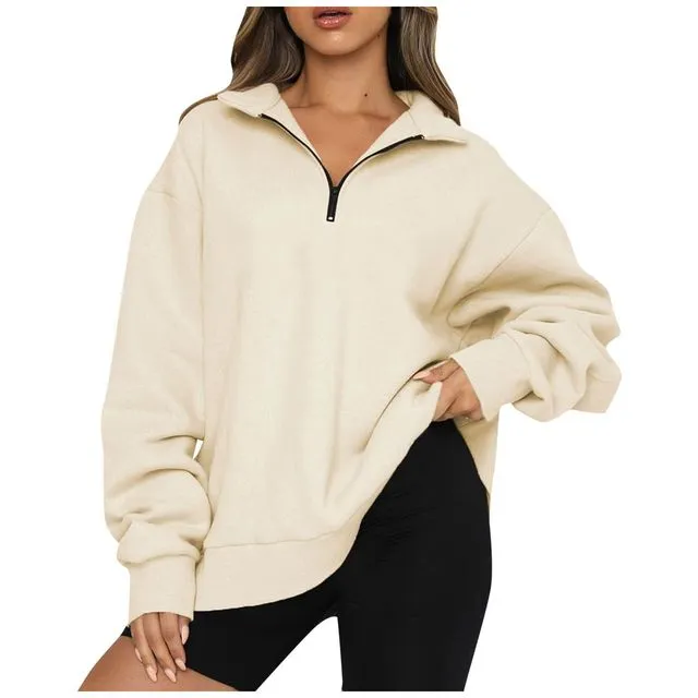 Women's oversized half zipper pullover long-sleeved sweatshirt quarter zipper hoodie sweater teen girls fall Y2K clothes-Apricot