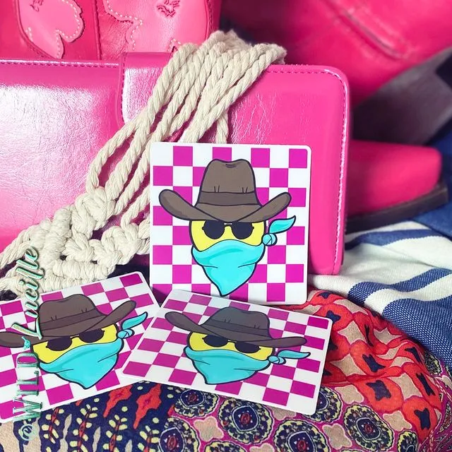 Pink Checkered Happy Face Cowboy - Western Vinyl Sticker Decals