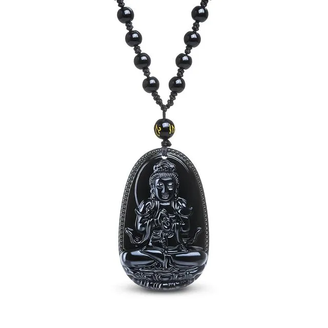 Collier &amp; Pendentif Bouddha "Vitalité" en Obsidienne Noire