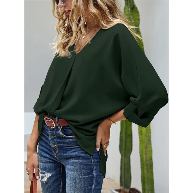 Loose Fit V-Neck Casual Top-GREEN