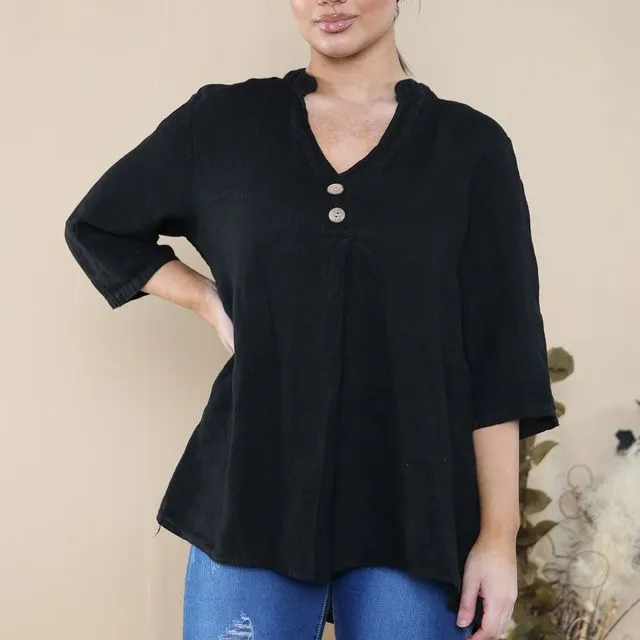 2127 - Black V neck linen blouse