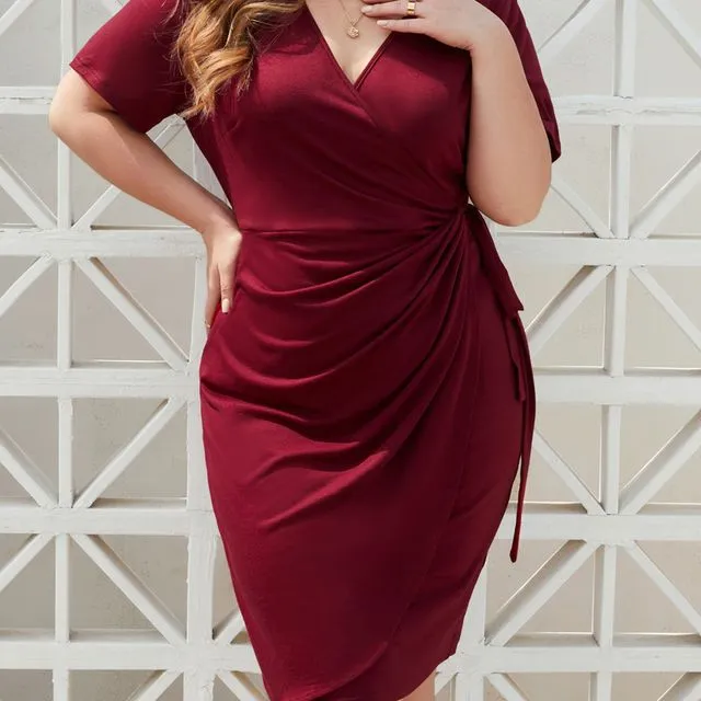 Solid Color Lace-Up Holiday V-Neck Dress-Wine Red