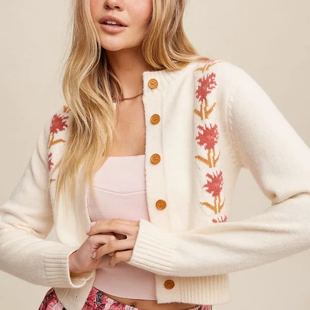 Flower Detailed Button Front Cropped Cardigan - (LILSW0812 : CREAM)