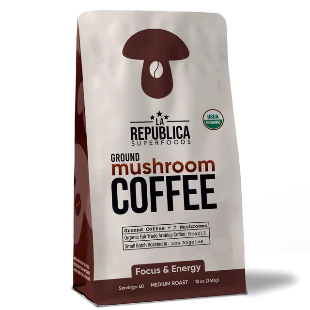 La Republica USDA Organic & Fair Trade GROUND Mushroom Coffee From Brazil w/ 7 Superfood Mushrooms - Case of 6