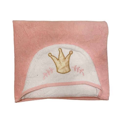 pink bath towel with gold crown