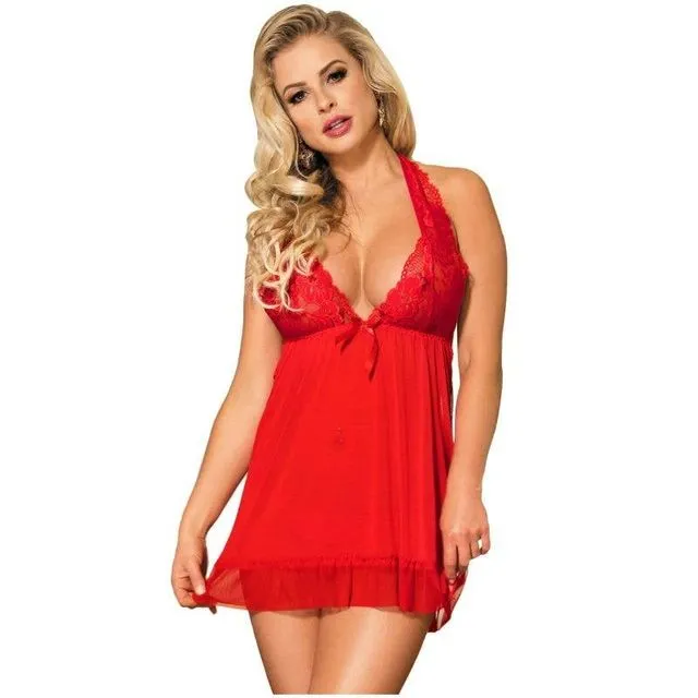 RED BABYDOLL WITH FLORAL EMBROIDERY ON BREASTS