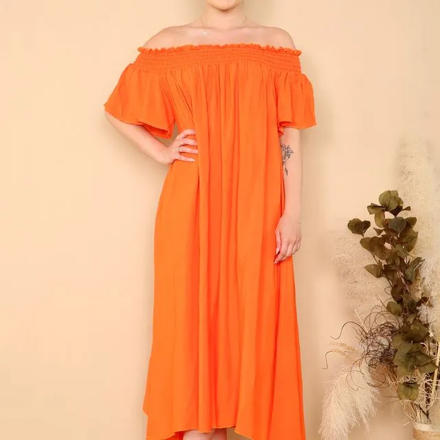 82511 - Orange relaxed fit off the shoulder dress
