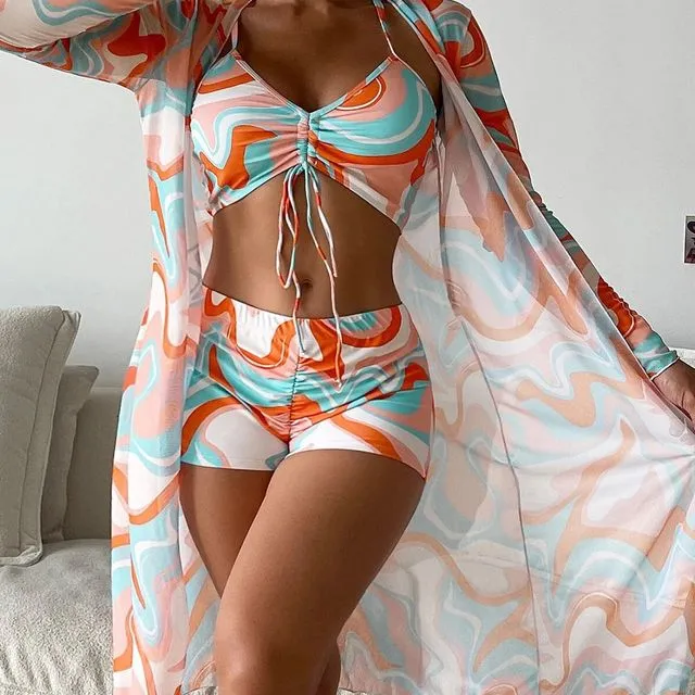 Geometric Printed Swimsuit Split Three-Piece Suit