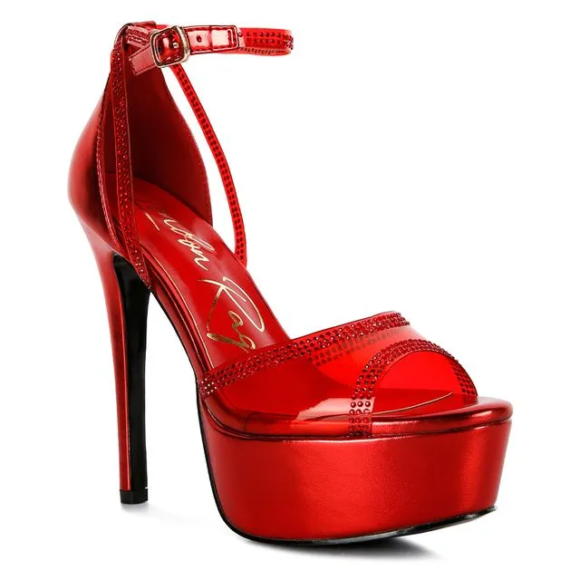 Cinderella Rhinestones Embellished Stiletto Platform Sandals in Red