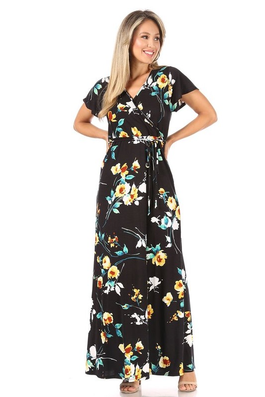 Floral maxi wrap dress (211040D-floral Black)-Multi sizes pack of 6