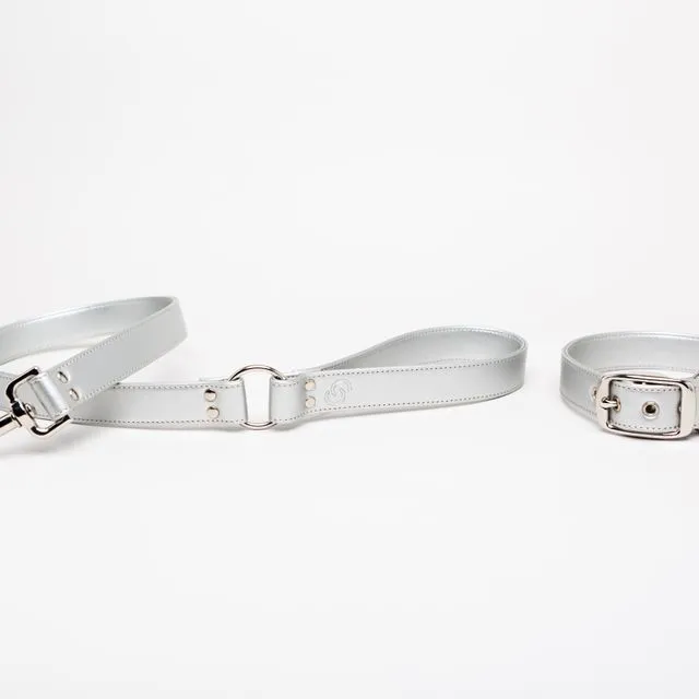 Silver vegan apple leather handcrafted dog lead for medium - large breeds, Skylos Collective