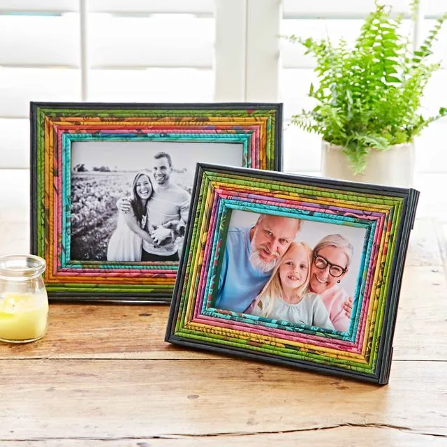 Recycled Newspaper Photo Frame 7 x 5 in - Navy, Green, Yellow, Pink & Blue