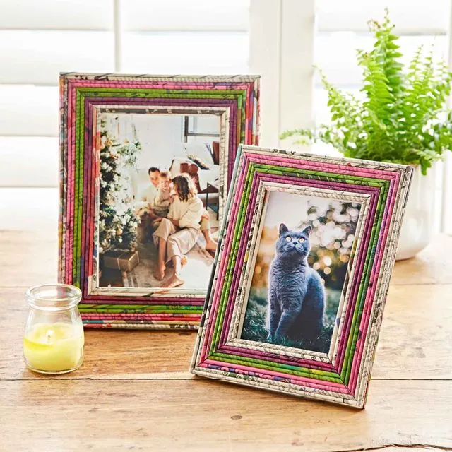 Recycled Newspaper Photo Frame 6 x 4 in - Natural, Pink, Green and Purple