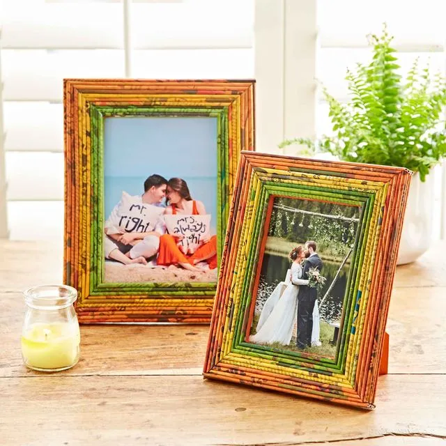 Recycled Newspaper Photo Frame 7 x 5 in - Orange, Yellow and Green