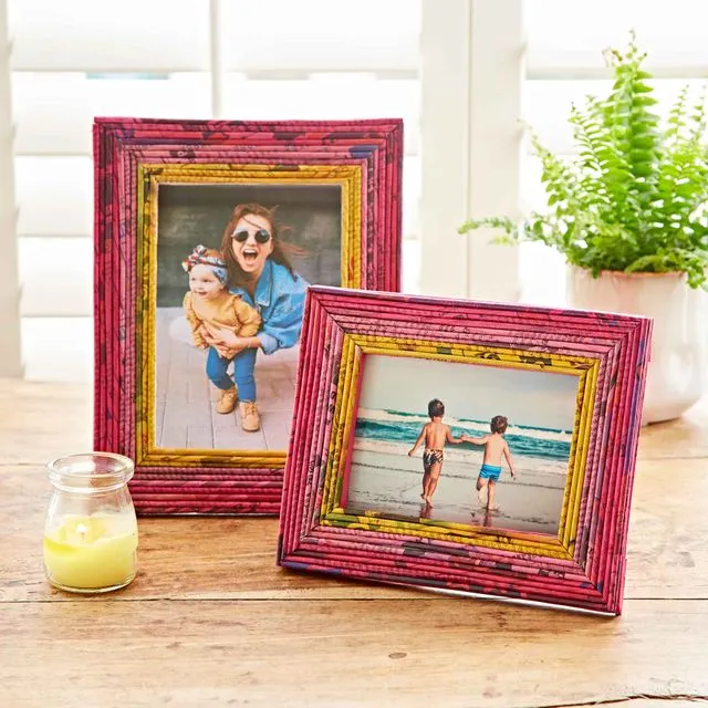 Recycled Newspaper Photo Frame 7 x 5 in - Red, Pink & Yellow