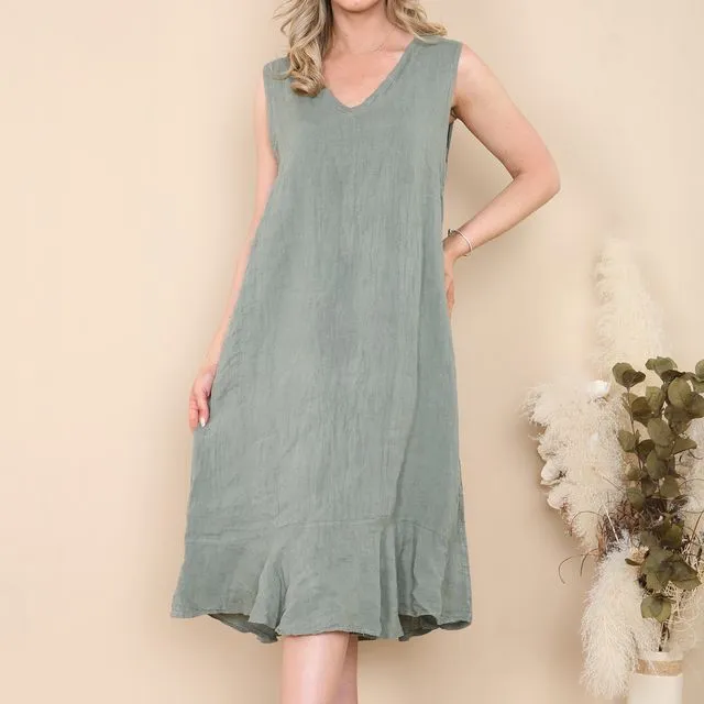 00765 - Khaki Green wide strap shoulder linen dress