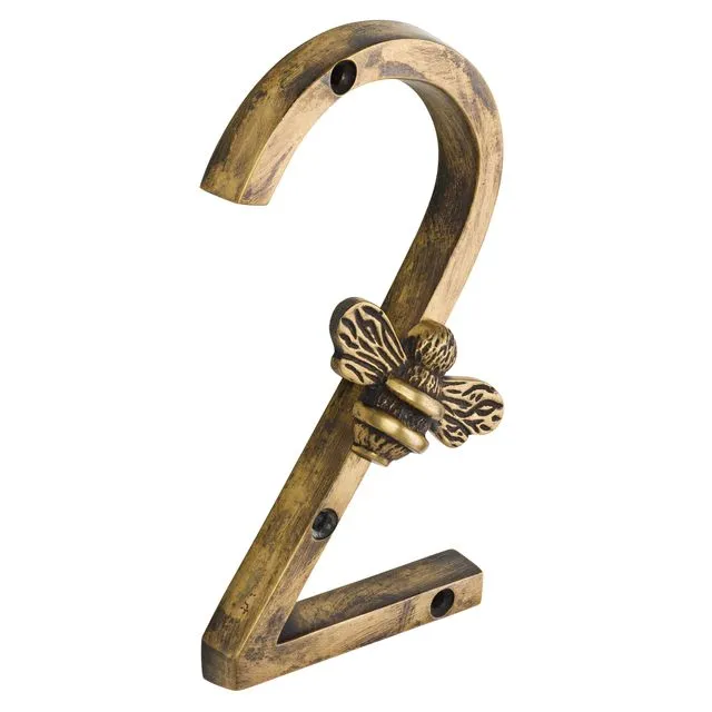Brass bee Premium House Numbers with Bee in Heritage Finish 0-9 - 5 Inch - Number 2 with bee