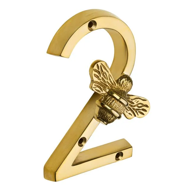 Brass bee Premium House Numbers with Bee in Brass Finish 0-9 - 4 Inch - Number 2 with bee