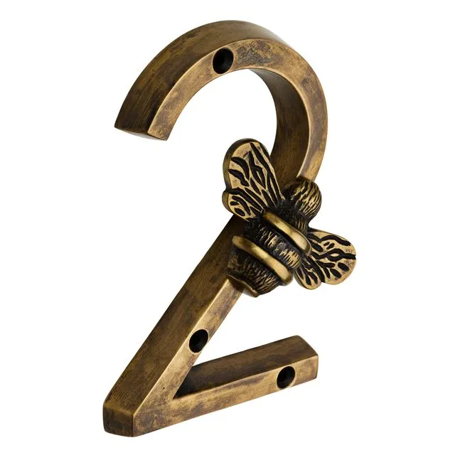 Brass bee Premium House Numbers with Bee in Heritage Finish 0-9 - 4 Inch - Number 2 with bee