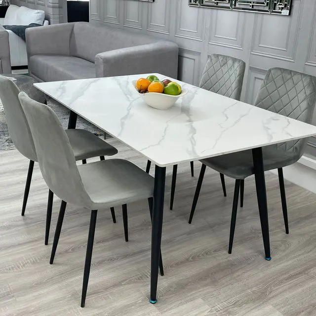 White Ceramic Dining Table with 4 Grey Dining Chairs