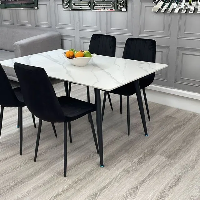 White Ceramic Dining Table with 4 Black Dining Chairs