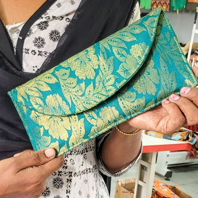 Handmade round clutch bags, sari fabric, ethically handmade in India