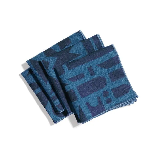 'Mixta' Hand-Printed Cocktail Napkins in Blues, Set of 4