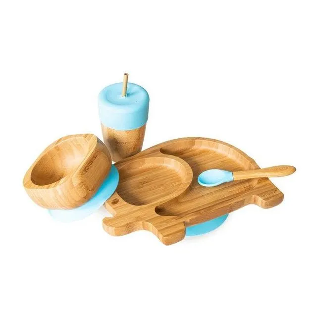 Elephant Plate, Straw Cup, Bowl & Spoon Gift Set - Blue
