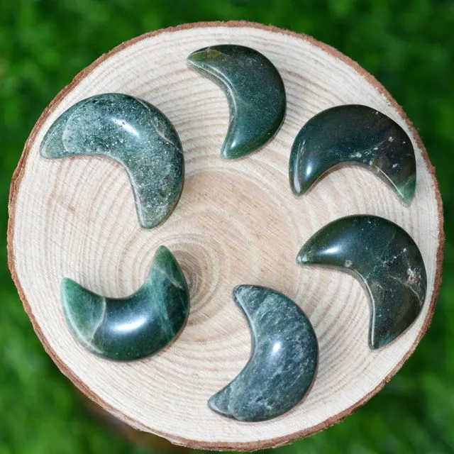 Real Green Jade Crystal Moons, Hand Carved Polished Crescent Shaped Gemstones