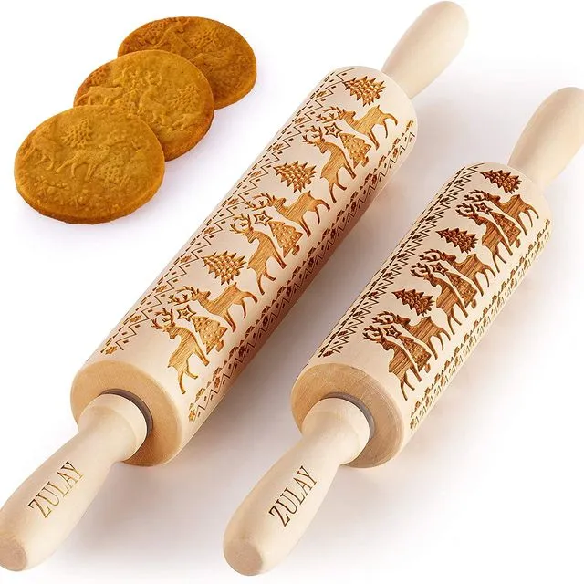 Wooden Carved Christmas Rolling Pin (Set of 2)