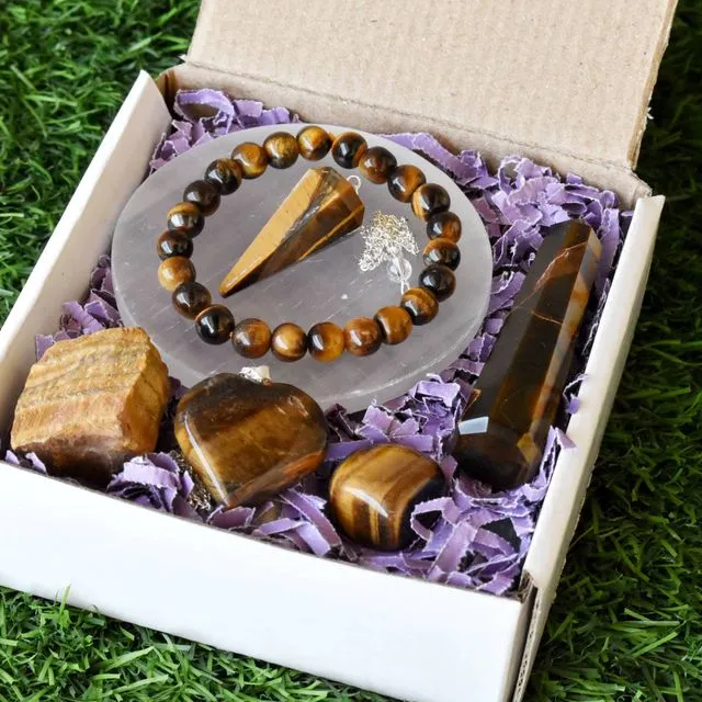 Tiger Eye Crystal Gift Set For Emotional Support and Protection, Real Polished Gemstones.