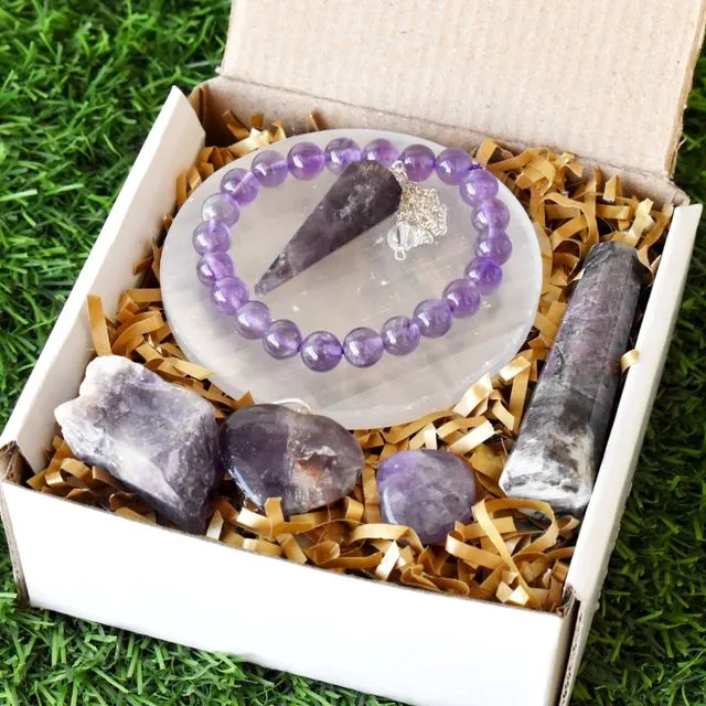 Amethyst Crystal Gift Set For Emotional Support and Protection, Real Polished Gemstones.