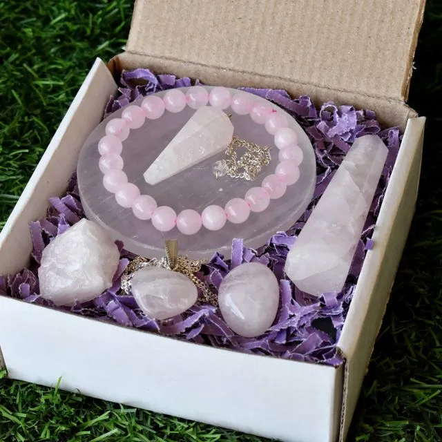 Rose Quartz Crystal Gift Set For Emotional Support and Protection, Real Polished Gemstones.