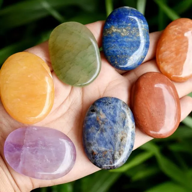 Natural Raw Seven Chakra Worry Stones Set, Polished Pocket Palm Gemstones