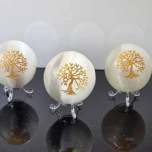 Selenite Crystal Sphere Etched - Gold tree sphere