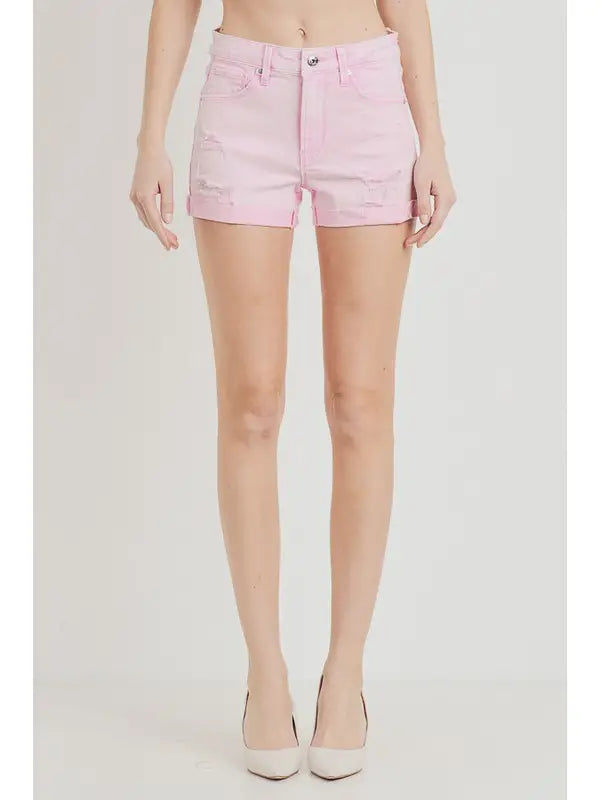 Mid Rise Distressed Shorts - ACID PINK